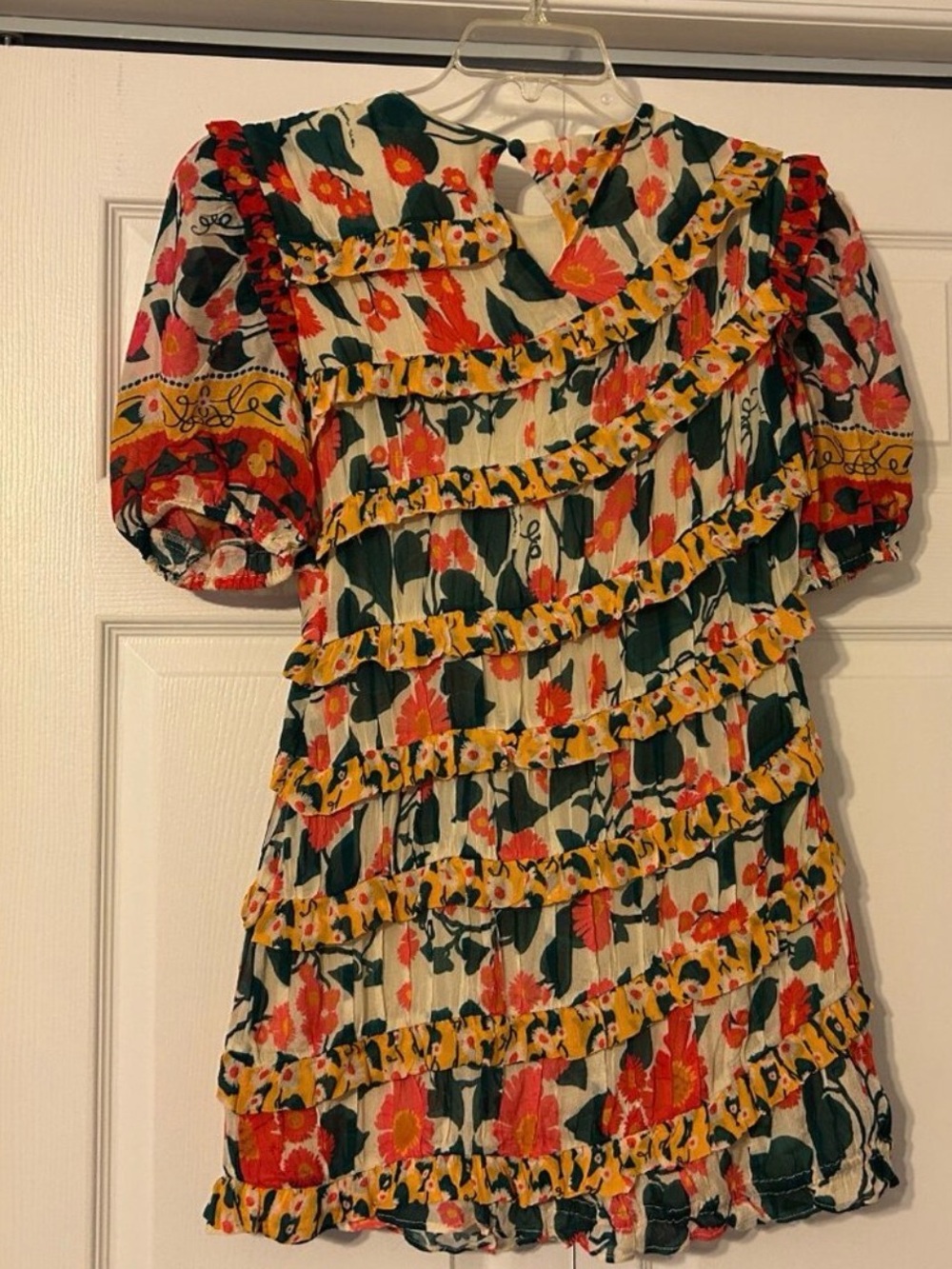 NWT FARM Rio Cream Floral Ruffle Midi Dress with Green & Orange Accents - M
